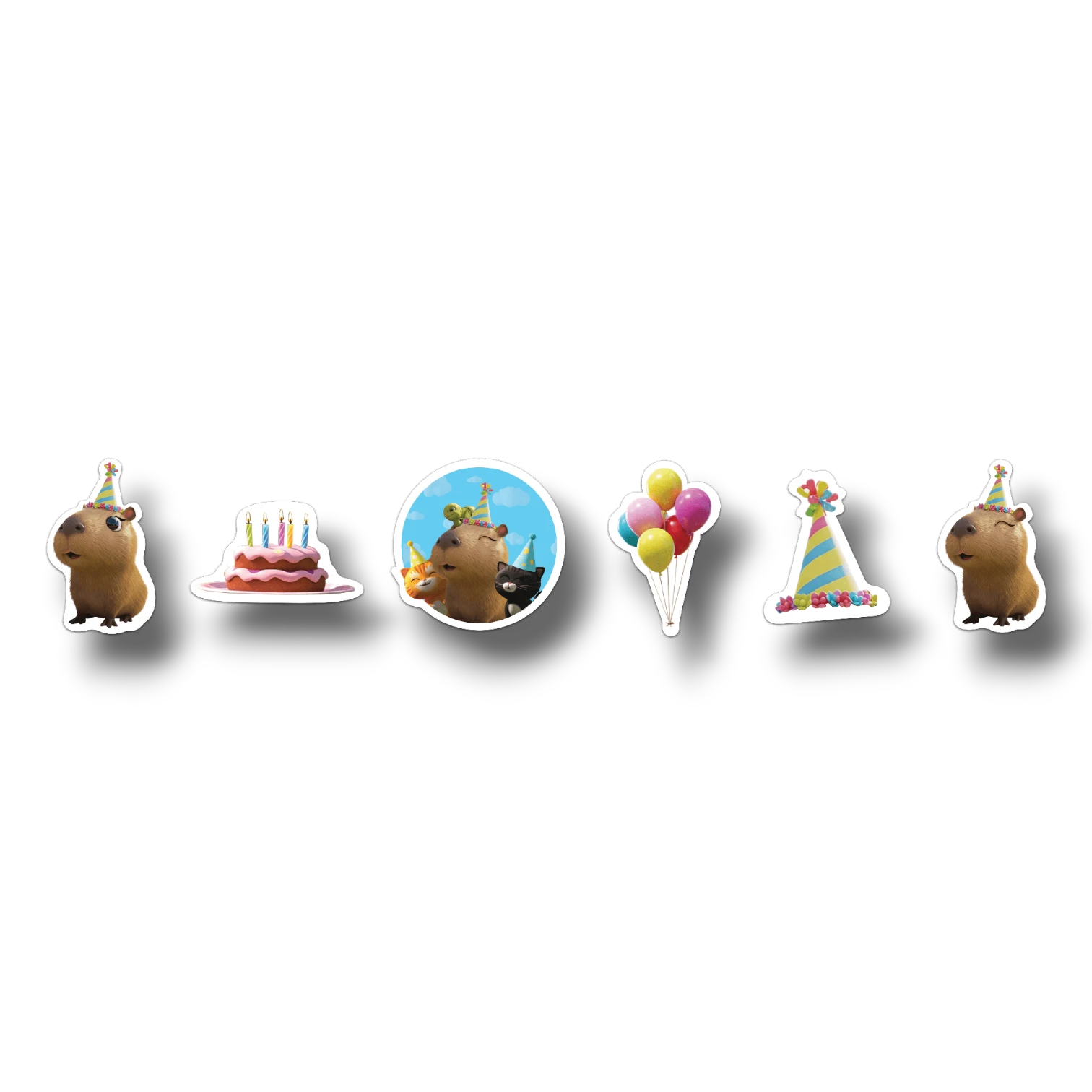 Set de pegatinas PartyStore con temática de capibaras, pastel de cumpleaños, globos y gorros festivos