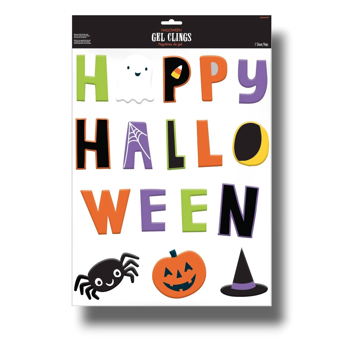 PartyStore pegatinas de gel Happy Halloween con letras coloridas, fantasma, araña, calabaza y sombrero de bruja