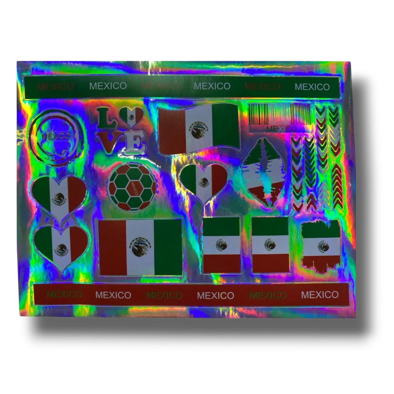 Hoja de pegatinas holográficas PartyStore con temática de México, incluyendo banderas, corazones y balones de fútbol.