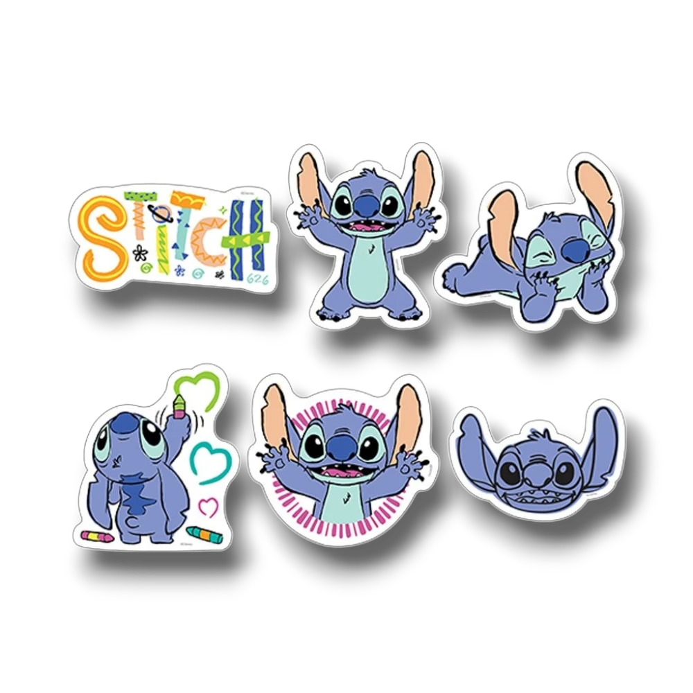 Set de pegatinas PartyStore con Stitch de Lilo y Stitch en varias poses divertidas y coloridas sobre fondo blanco