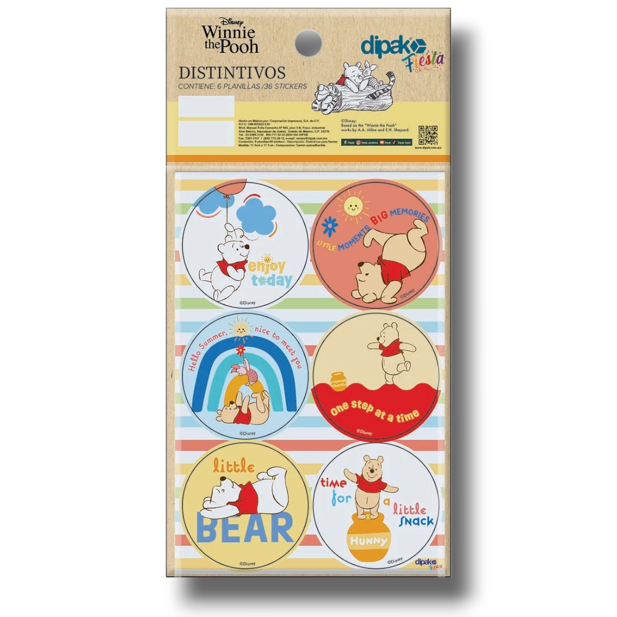 Set de 36 pegatinas circulares de Winnie Pooh con diseños coloridos de PartyStore para fiestas infantiles
