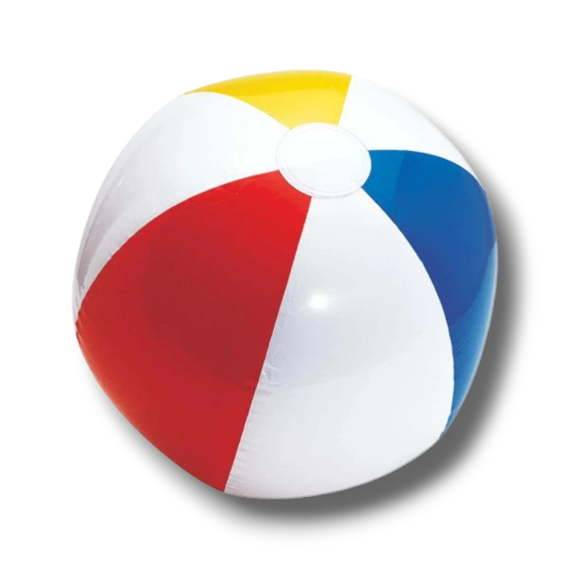 Pelota de playa inflable PartyStore con paneles de colores rojo, azul, amarillo y blanco para juegos de verano