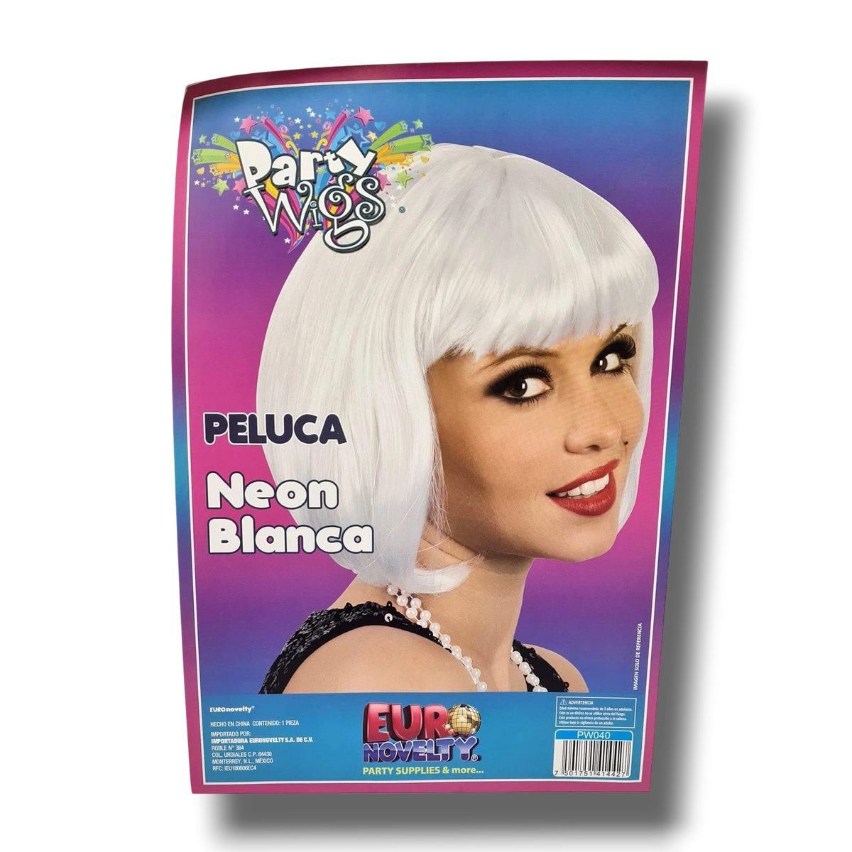 Empaque de peluca PartyStore color blanco con corte bob para disfraz en modelo femenina