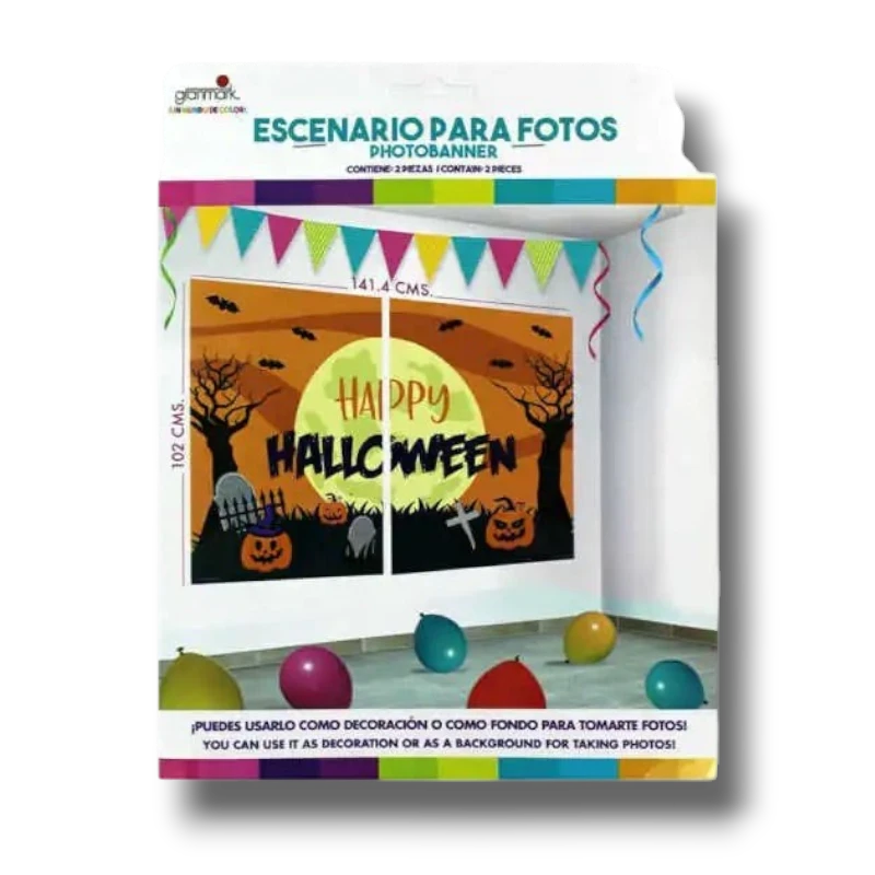 Photobanner Happy Halloween de PartyStore con diseño de luna, calabazas y árboles para decoración de fiestas