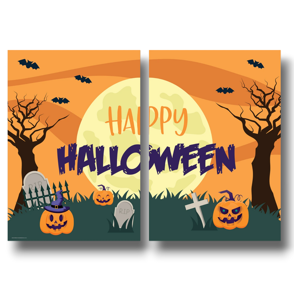 Photobanner Happy Halloween de PartyStore con diseño de calabazas, murciélagos, lápidas y luna llena en tonos naranja.