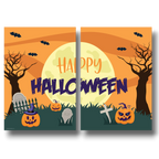 Photobanner Happy Halloween de PartyStore con diseño de calabazas, murciélagos, lápidas y luna llena en tonos naranja.