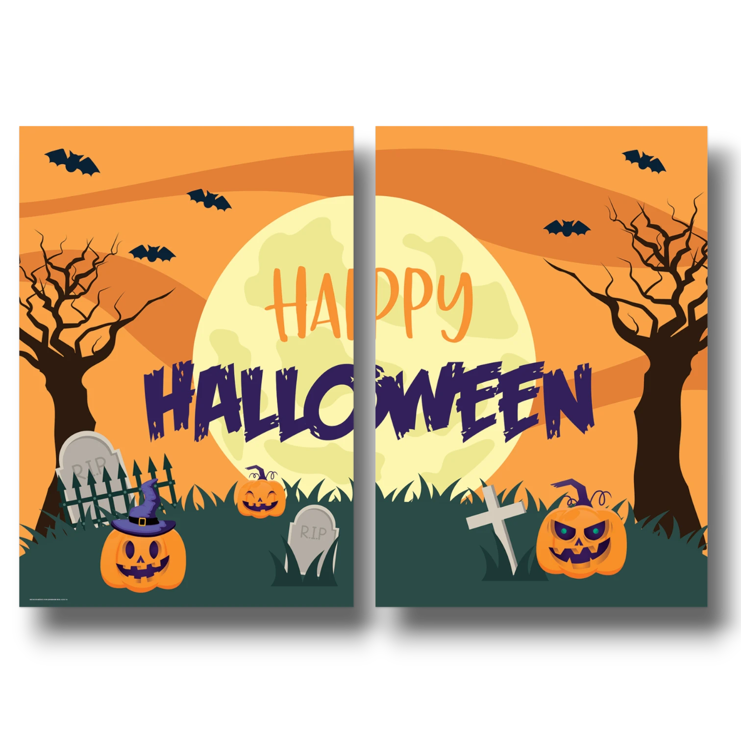 Photobanner Happy Halloween de PartyStore con diseño de calabazas, murciélagos, lápidas y luna llena en tonos naranja.