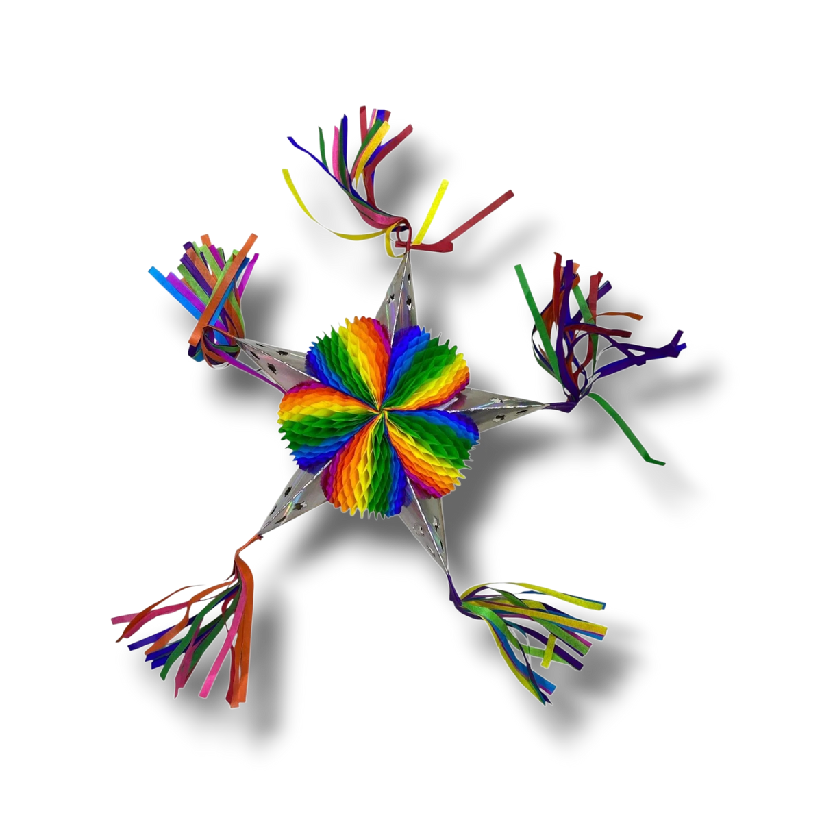 Piñata PartyStore en forma de estrella plateada con centro de papel nido de abeja multicolor y cintas decorativas