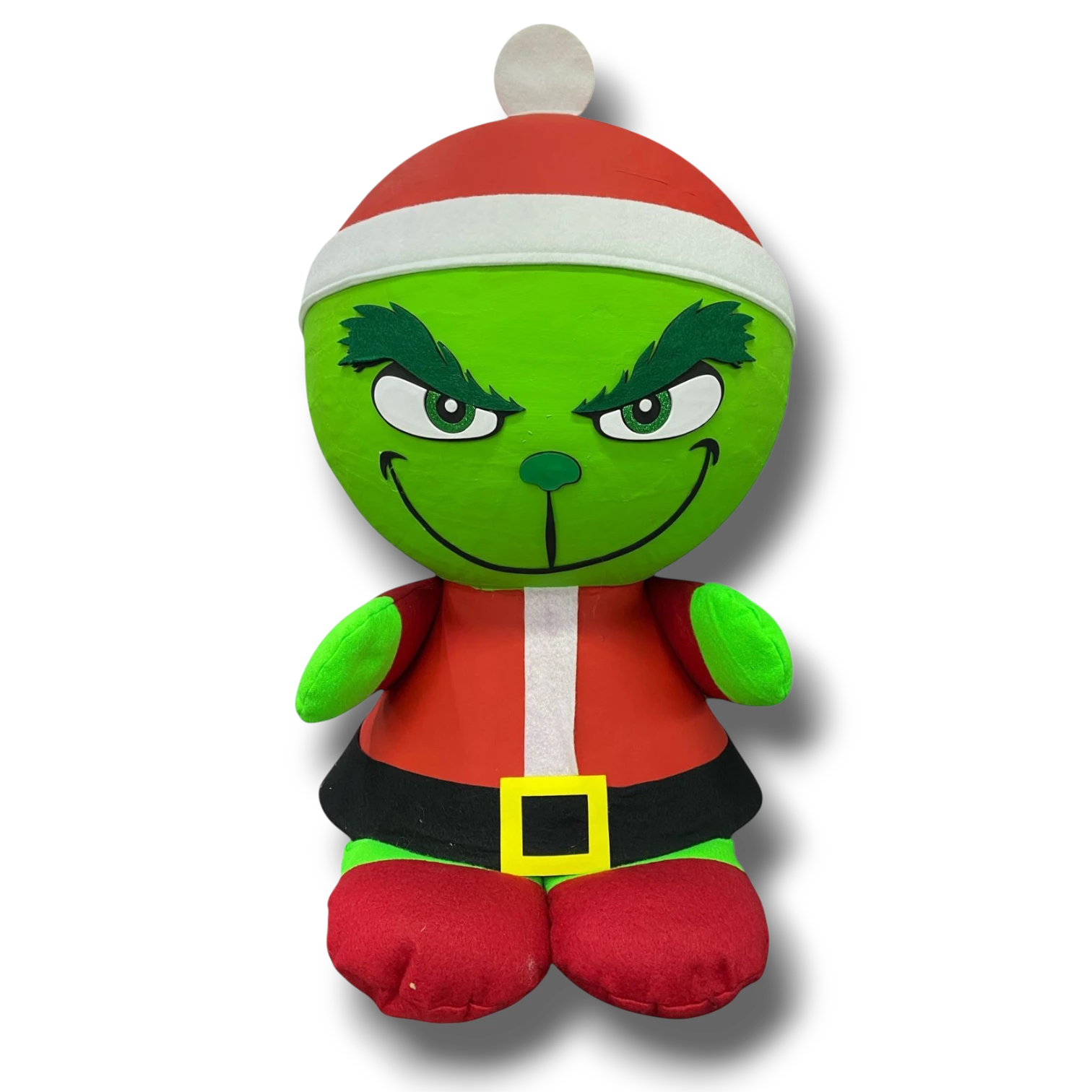Piñata redonda de PartyStore con diseño del Grinch vestido de Santa Claus, ideal para fiestas navideñas.