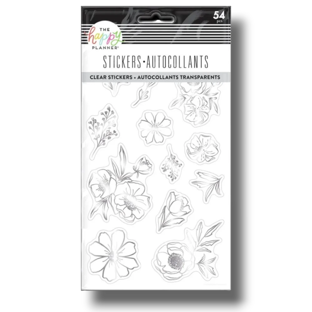Plantilla de 54 stickers transparentes con diseños de flores en contorno plateado de la marca PartyStore