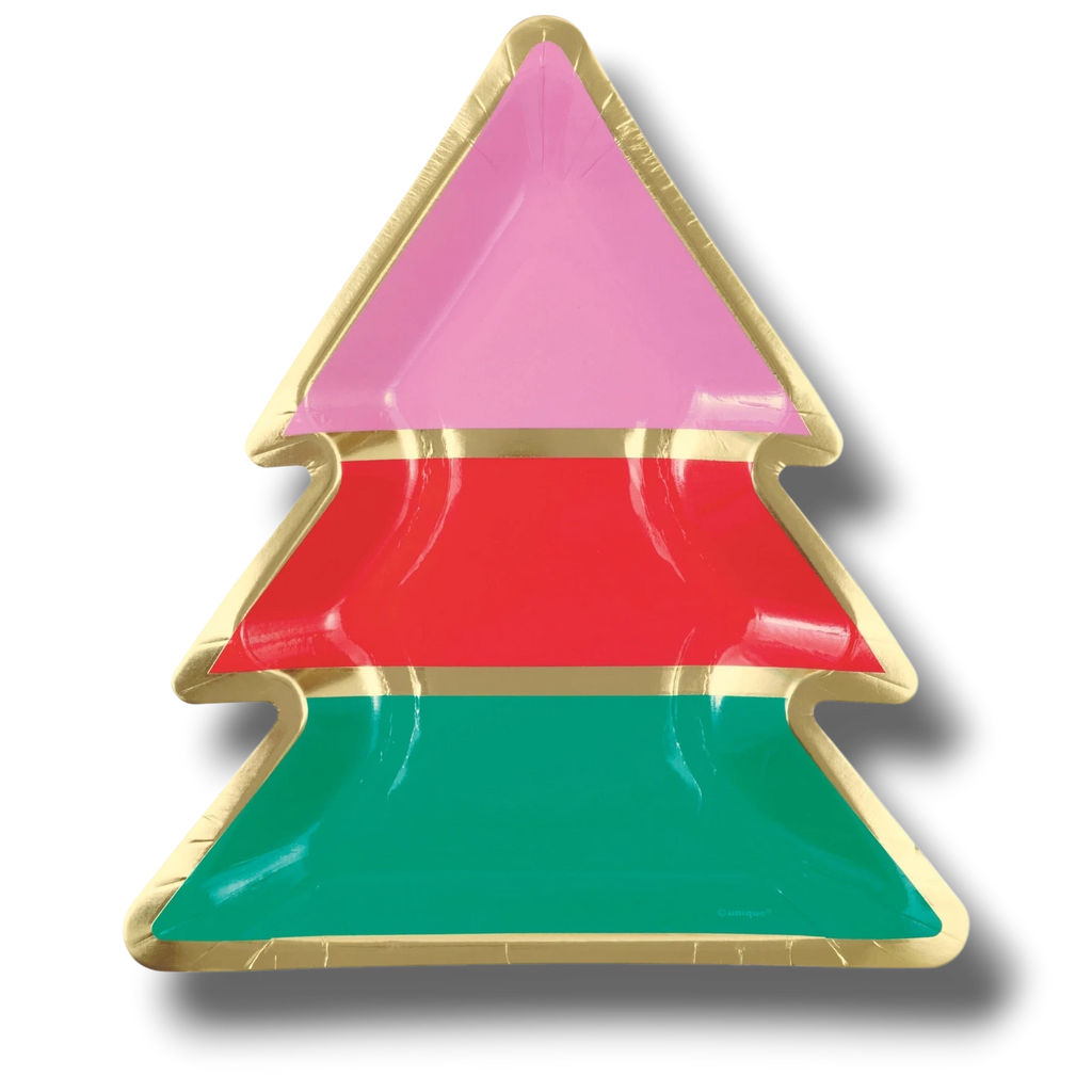Plato de papel PartyStore con forma de árbol de Navidad en colores rosa, rojo y verde con borde dorado brillante