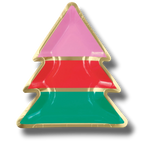 Plato de papel PartyStore con forma de árbol de Navidad en colores rosa, rojo y verde con borde dorado brillante