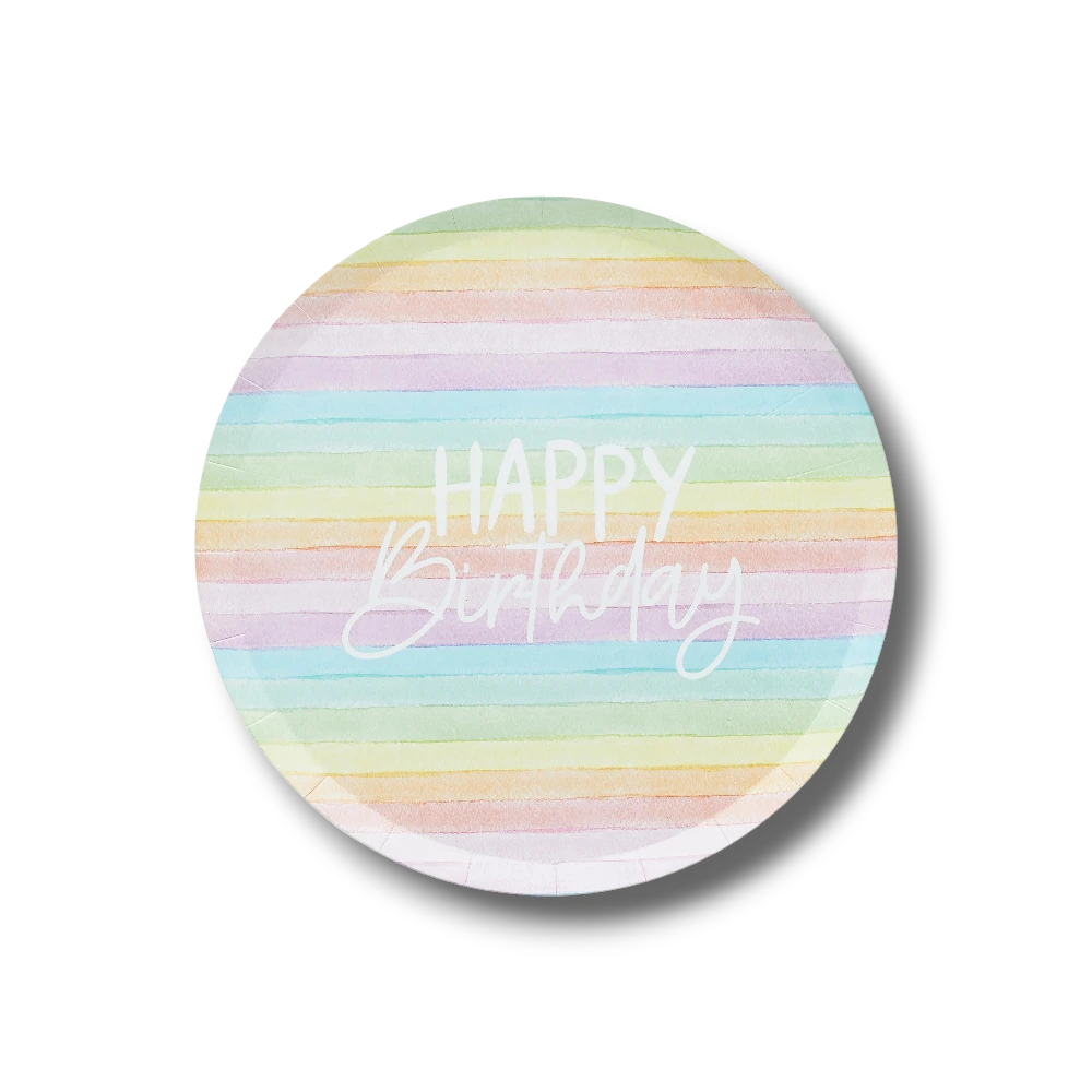 Plato de papel PartyStore de 9 pulgadas con diseño de rayas arcoíris y texto Happy Birthday en color blanco
