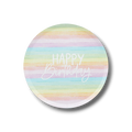 Plato de papel PartyStore de 9 pulgadas con diseño de rayas arcoíris y texto Happy Birthday en color blanco