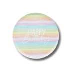 Plato de papel PartyStore de 9 pulgadas con diseño de rayas arcoíris y texto Happy Birthday en color blanco