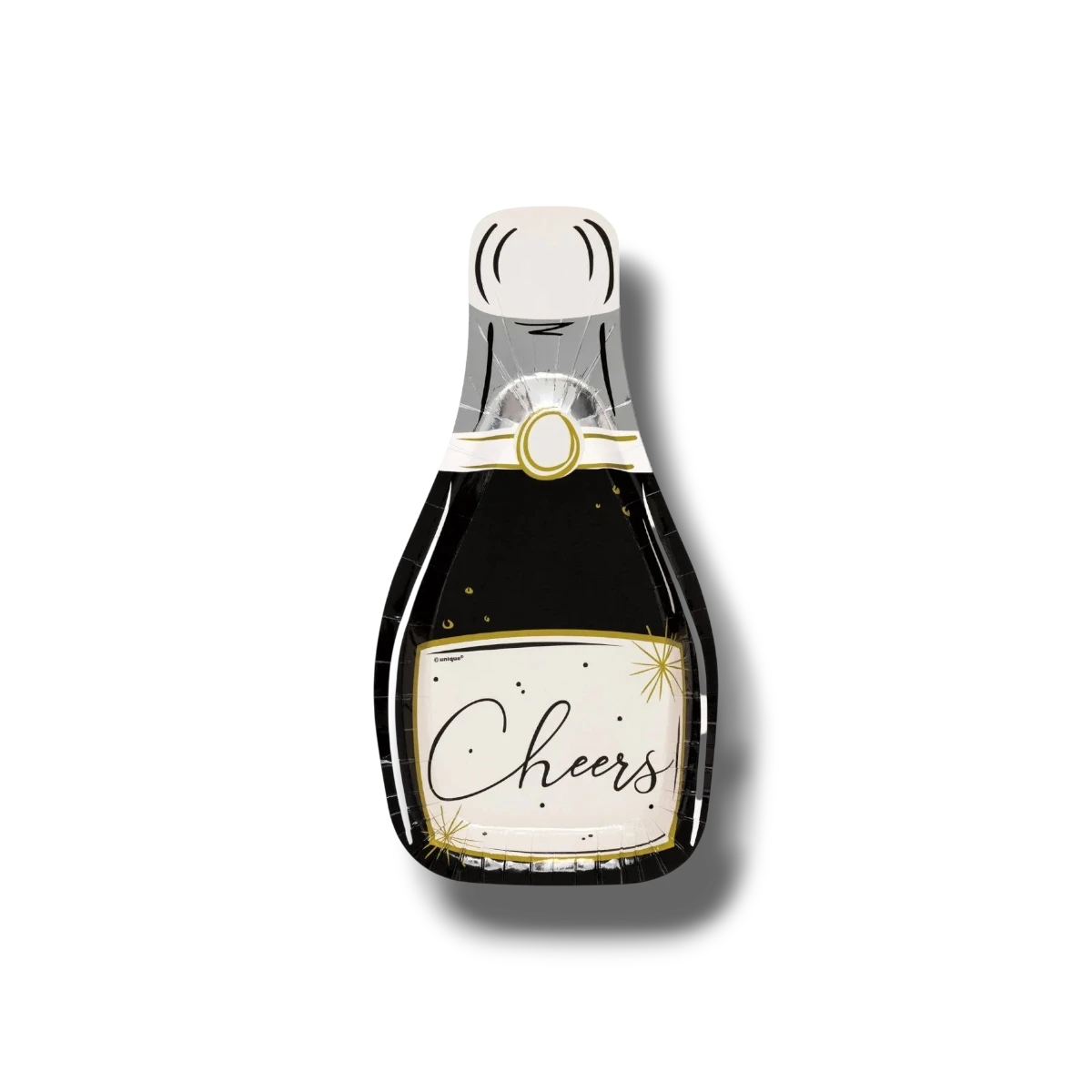 Plato de papel PartyStore con forma de botella de champán negra y dorada con la palabra Cheers para celebraciones