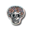 Plato PartyStore con forma de calavera estilo Día de los Muertos con flores coloridas y acabado iridiscente