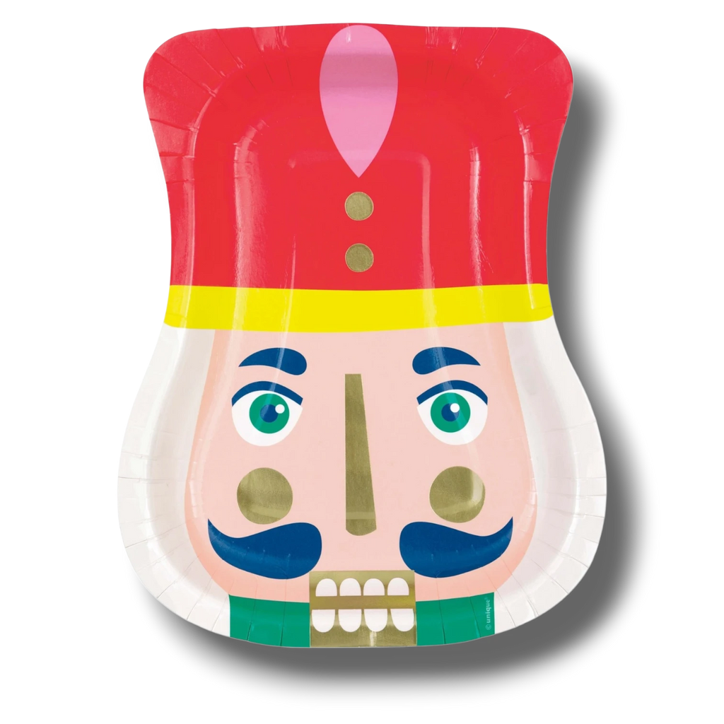 Plato de papel PartyStore con forma de cascanueces navideño en colores vibrantes rojo, verde y dorado
