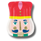 Plato de papel PartyStore con forma de cascanueces navideño en colores vibrantes rojo, verde y dorado