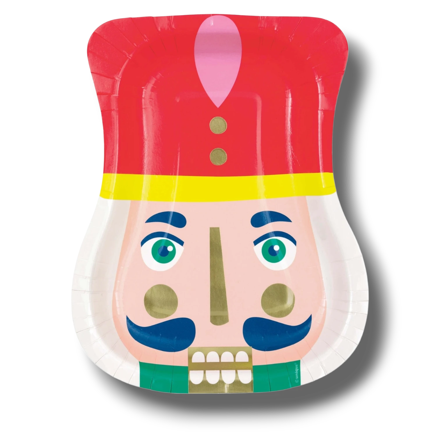 Plato de papel PartyStore con forma de cascanueces navideño en colores vibrantes rojo, verde y dorado