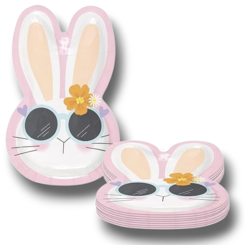Plato de papel PartyStore con forma de conejito rosa con gafas de sol y flor para fiestas infantiles