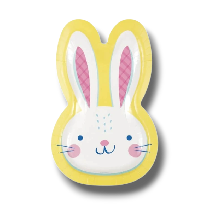 Plato de papel PartyStore con forma de conejo de Pascua en color amarillo, blanco y rosa para fiestas infantiles