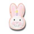 Plato de papel PartyStore con forma de conejo de Pascua rosa y blanco, decorado con un pollito y un huevo