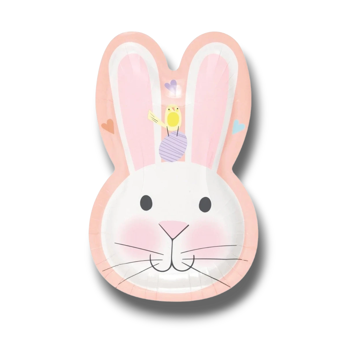 Plato de papel PartyStore con forma de conejo de Pascua rosa y blanco, decorado con un pollito y un huevo