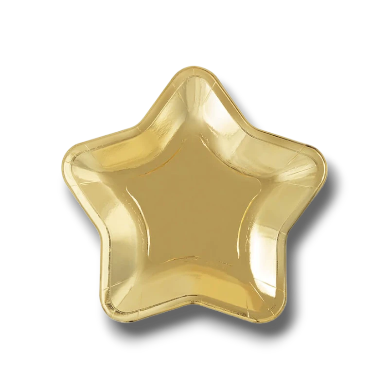 Plato de papel PartyStore con forma de estrella en color dorado brillante para fiestas y celebraciones