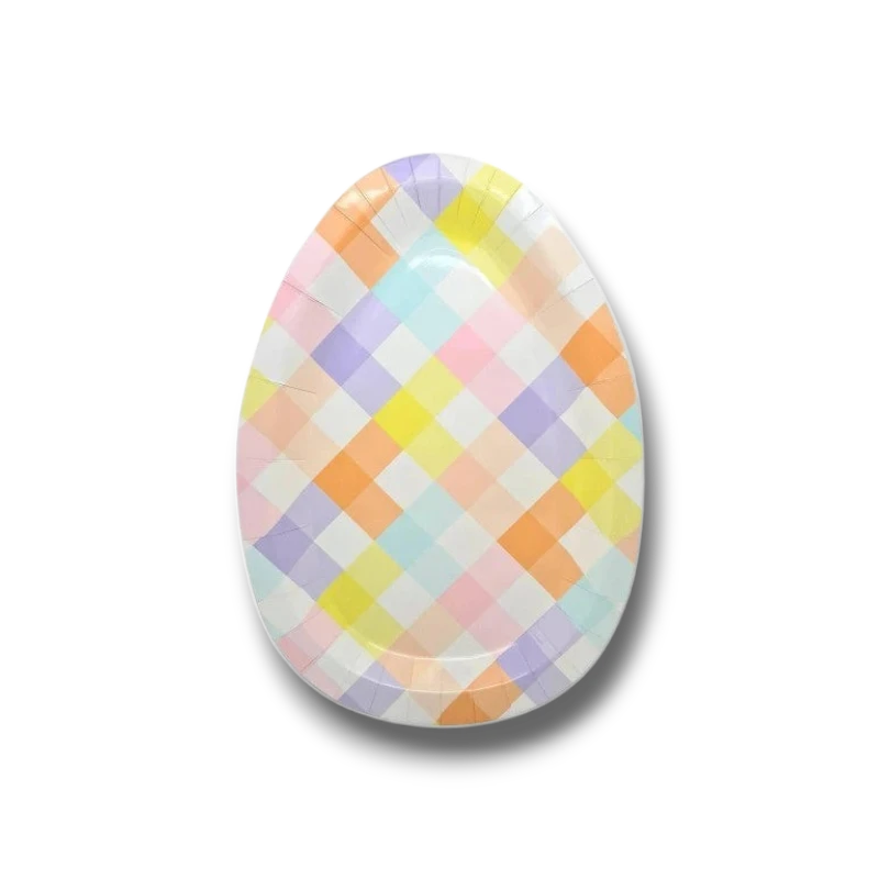 Plato de papel PartyStore con forma de huevo de Pascua y estampado de cuadros vichy en colores pastel