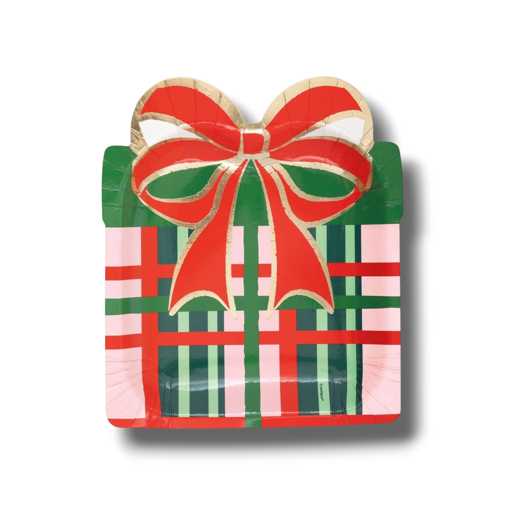 Plato de papel PartyStore con forma de regalo navideño vintage en colores rojo y verde