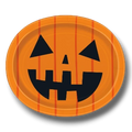 Plato ovalado de papel PartyStore con diseño de calabaza de Halloween naranja y cara de Jack-o'-lantern negra