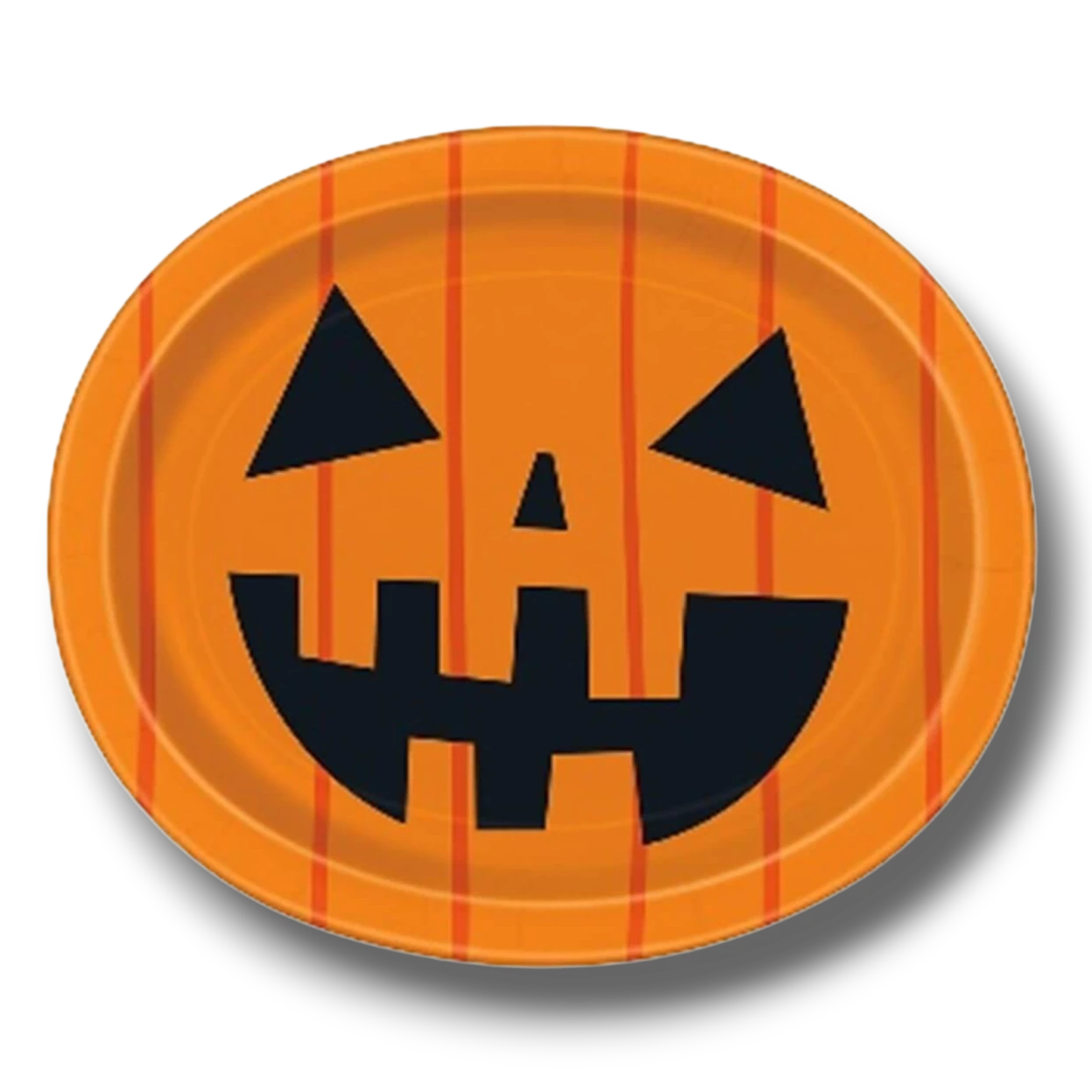 Plato ovalado de papel PartyStore con diseño de calabaza de Halloween naranja y cara de Jack-o'-lantern negra