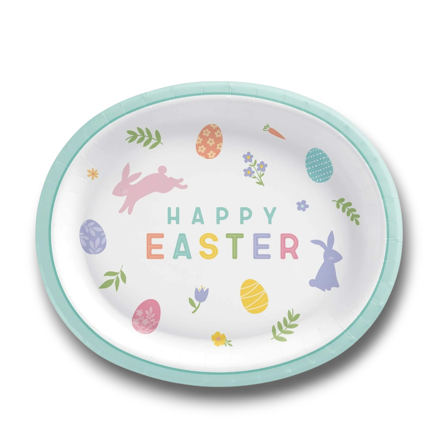 Plato ovalado de papel PartyStore para Pascua con diseño de conejitos, huevos decorados y flores en tonos pastel