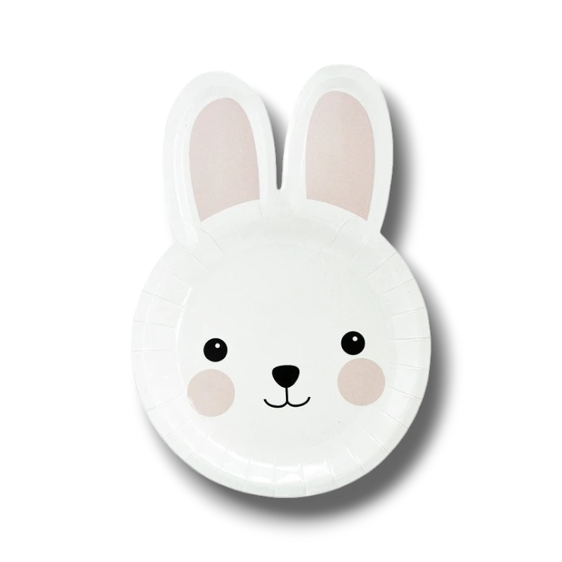 Plato de papel PartyStore con forma de conejito blanco y orejas largas para fiestas infantiles