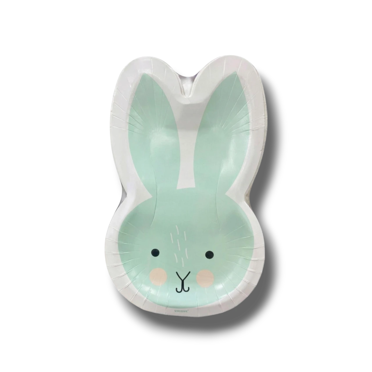 Plato de papel PartyStore con forma de conejito de Pascua en color verde menta y detalles adorables
