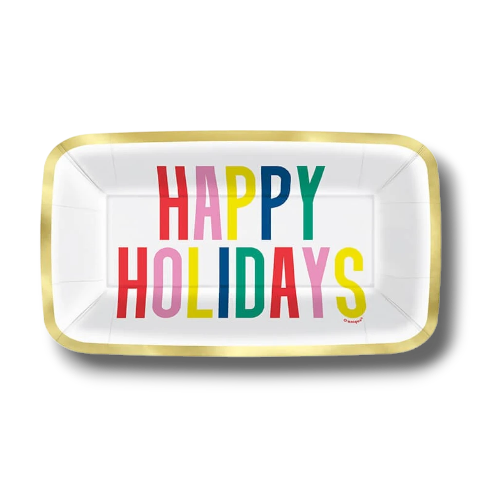 Plato rectangular PartyStore con borde dorado y el mensaje Happy Holidays en letras coloridas para fiestas navideñas