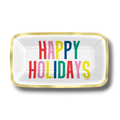 Plato rectangular PartyStore con borde dorado y el mensaje Happy Holidays en letras coloridas para fiestas navideñas