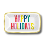 Plato rectangular PartyStore con borde dorado y el mensaje Happy Holidays en letras coloridas para fiestas navideñas