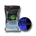 Polvo Holi Glow azul de PartyStore que brilla bajo luz UV en empaque negro para fiestas y eventos