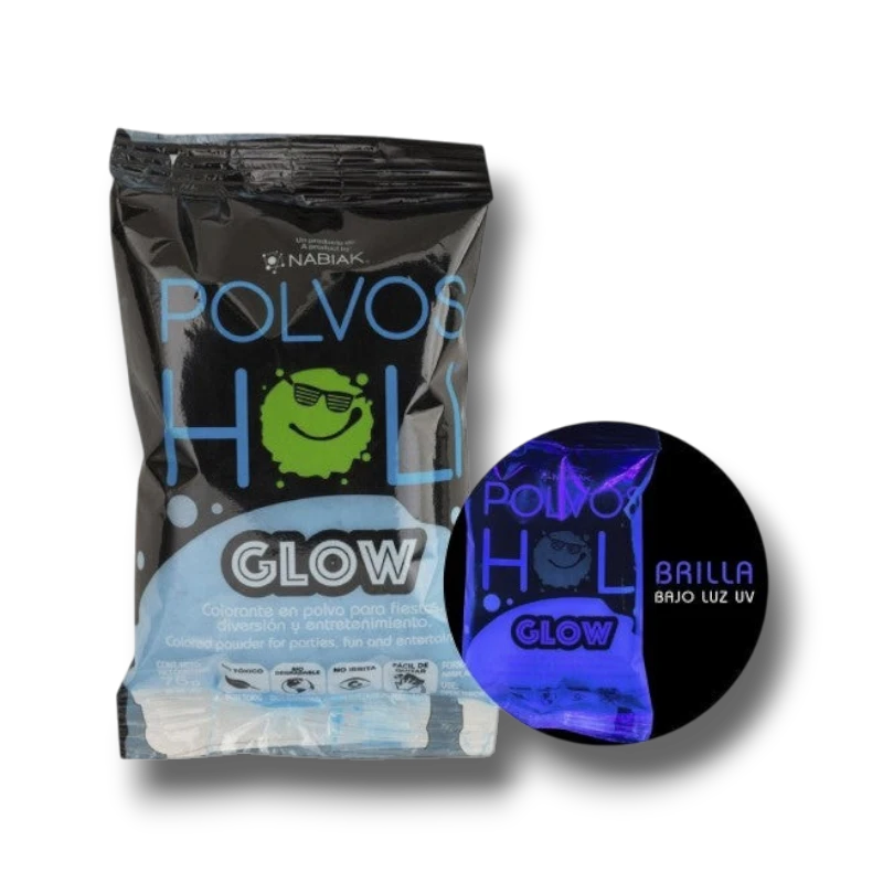 Polvo Holi Glow azul de PartyStore que brilla bajo luz UV en empaque negro para fiestas y eventos