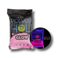 Polvo Holi Glow rosa de PartyStore que brilla bajo luz UV, ideal para fiestas y eventos coloridos.