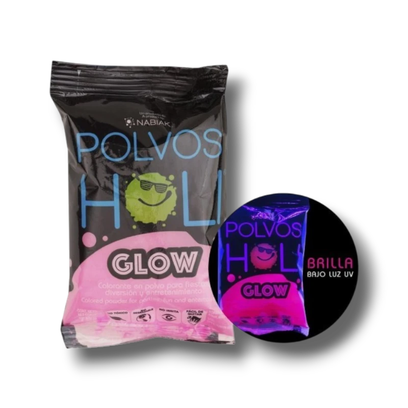 Polvo Holi Glow rosa de PartyStore que brilla bajo luz UV, ideal para fiestas y eventos coloridos.