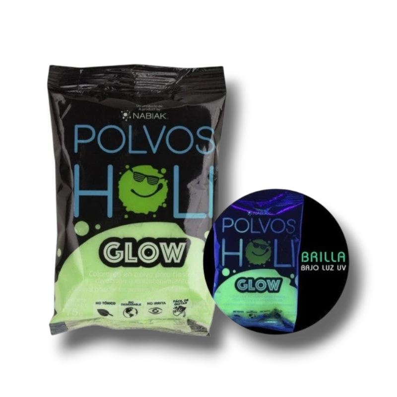 Polvo Holi Glow verde de PartyStore que brilla bajo luz UV, ideal para fiestas y eventos temáticos