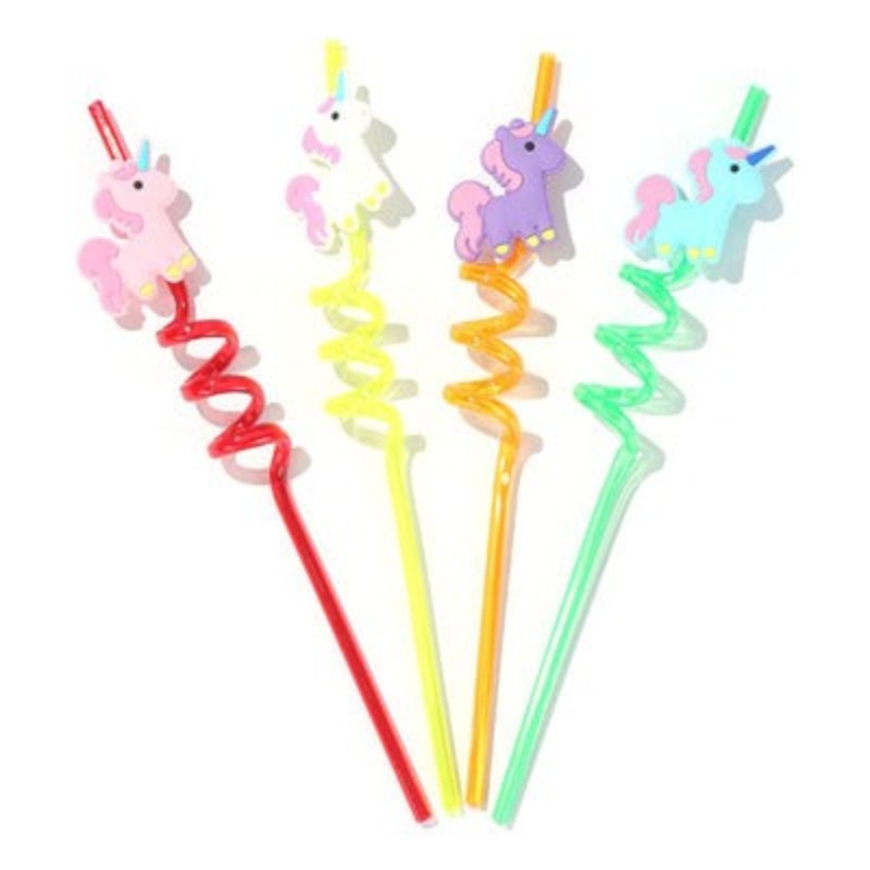 Set de 4 popotes PartyStore con figuras de unicornio de colores y diseño en espiral para fiestas infantiles