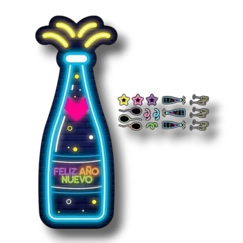 PhotoProp Confetti Año Nuevo de PartyStore con diseño de botella de champán estilo neón y accesorios festivos
