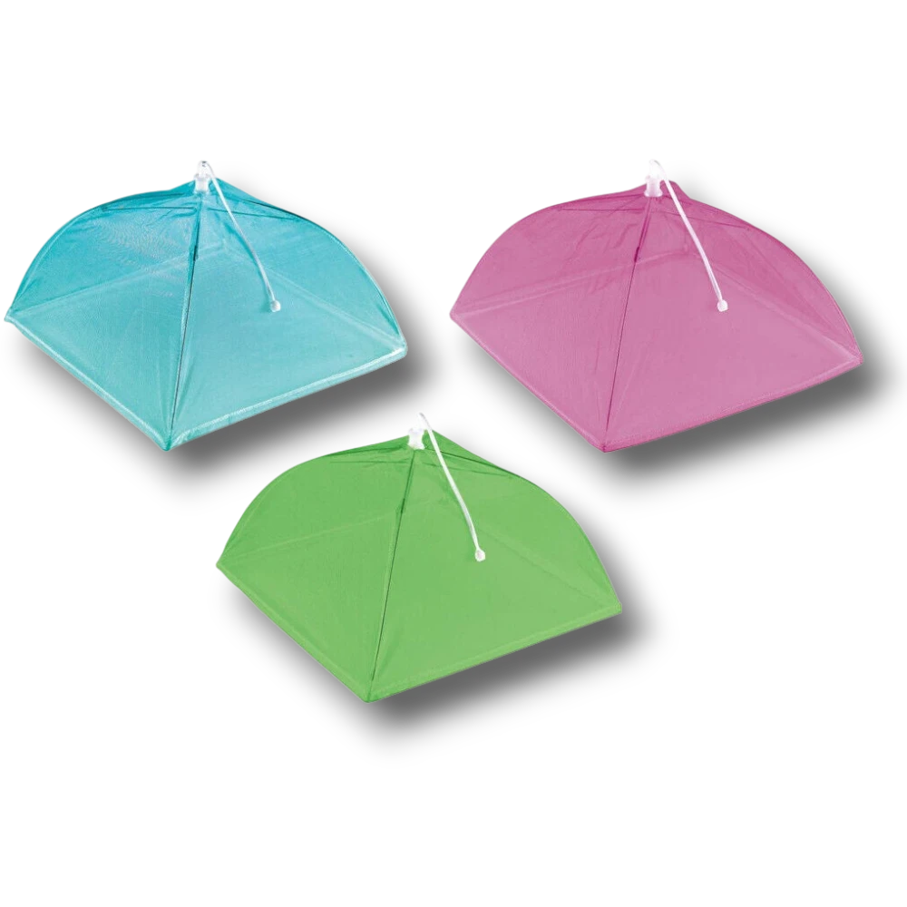 Set de 3 protectores para comida PartyStore en colores azul, rosa y verde con malla plegable para cubrir alimentos