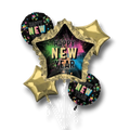 Ramo de globos PartyStore para Año Nuevo con diseño de estrellas, colores neón y acabado metálico dorado y negro