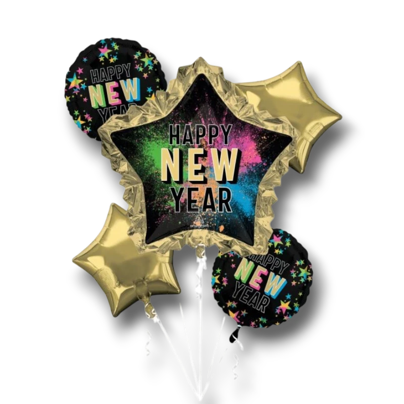 Ramo de globos PartyStore para Año Nuevo con diseño de estrellas, colores neón y acabado metálico dorado y negro