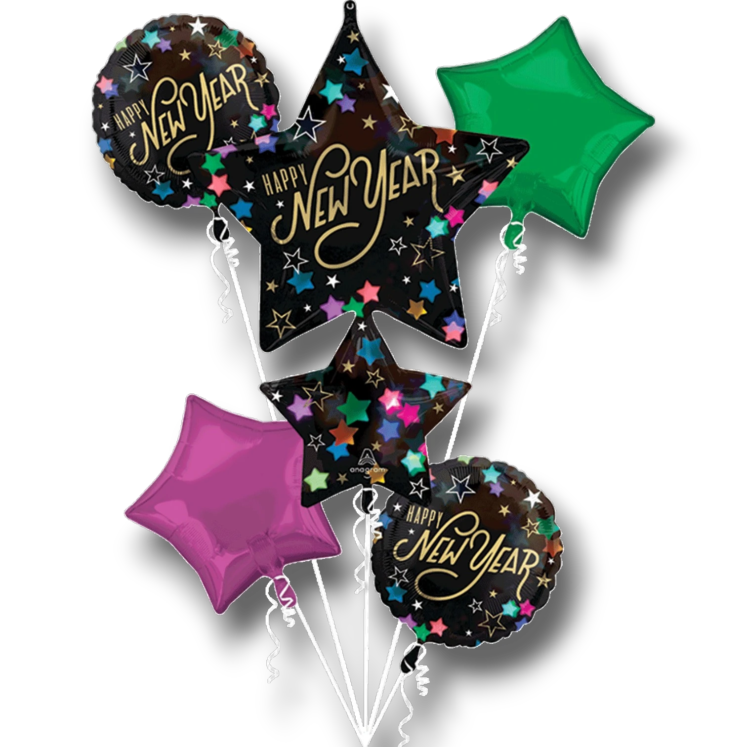 Ramo de globos PartyStore New Year Starlight con estrellas y círculos en negro, verde y fucsia para Año Nuevo